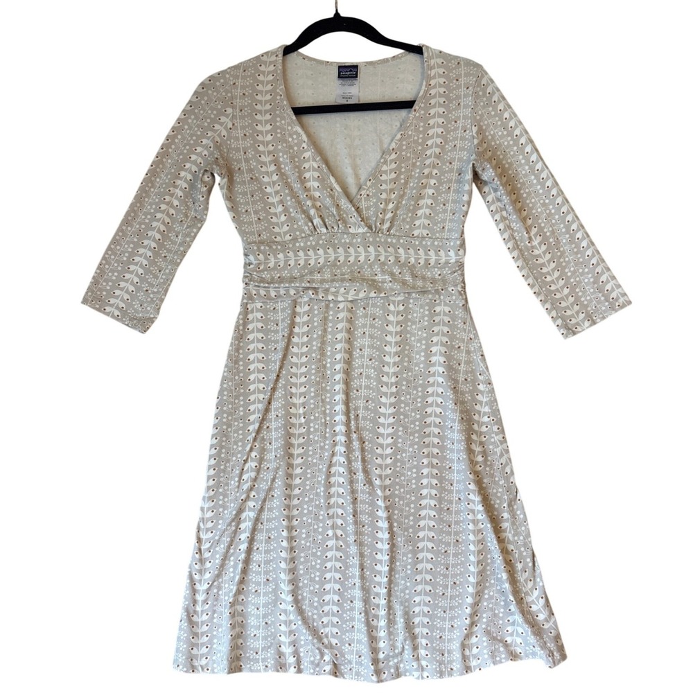 Patagonia Kamala Dress Women Beige Botanical Leaf Print V-Neck SIZE S